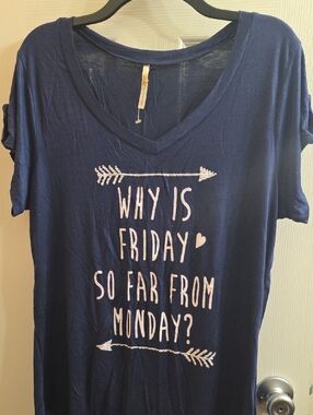 Ocasion Navy V-Neck Short Sleeve Tee with White Slogan